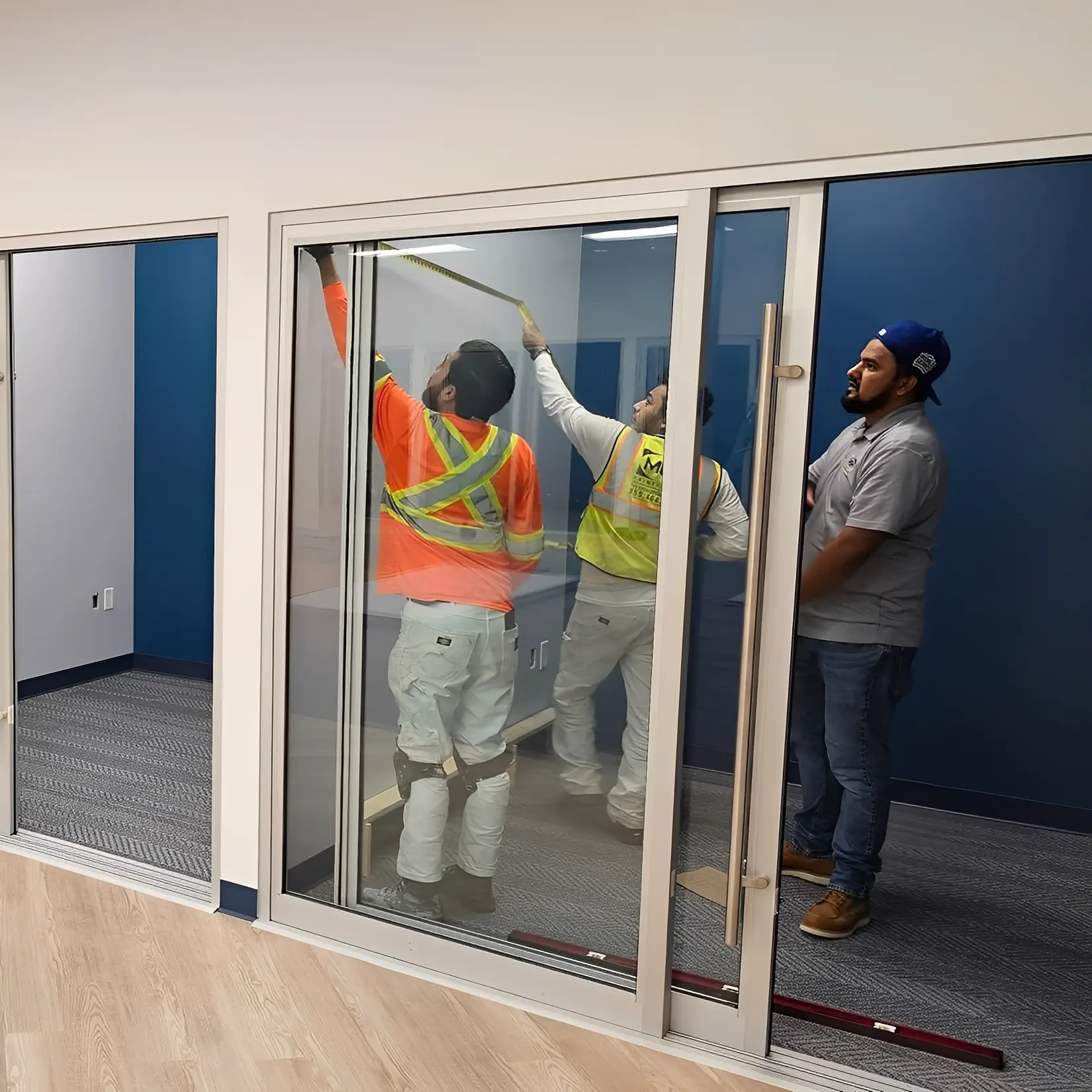 Workers measuring interior glass office wall.